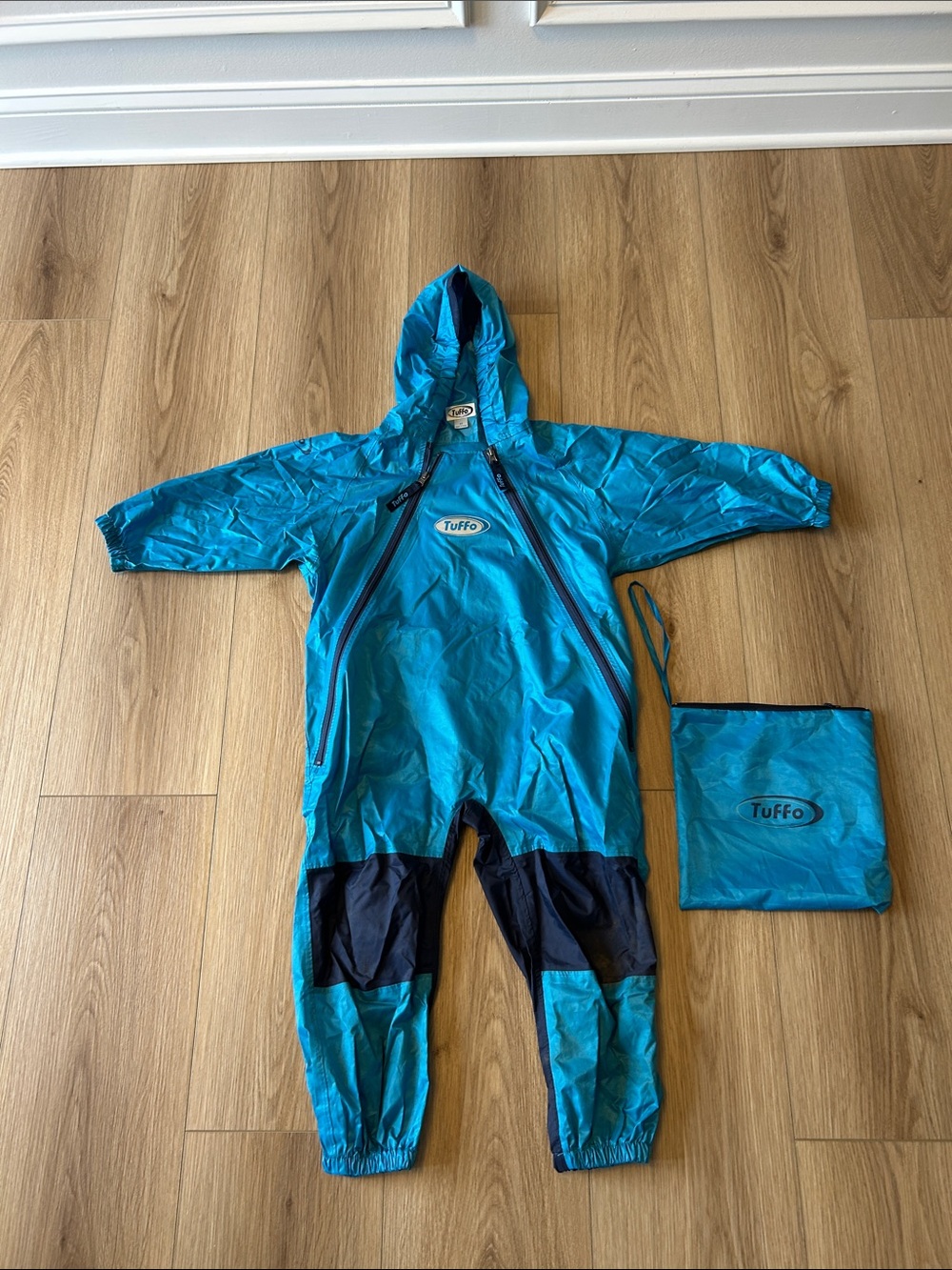 Kids Waterproof Teal Blue Hooded Rain Suit